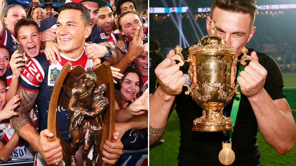 Sonny Bill Williams is pictured here during his time in rugby league (left) and rugby union (right).