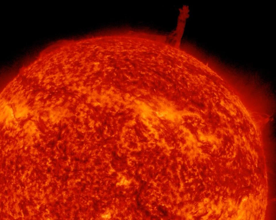 The tornado is shown here on the surface of the sun.