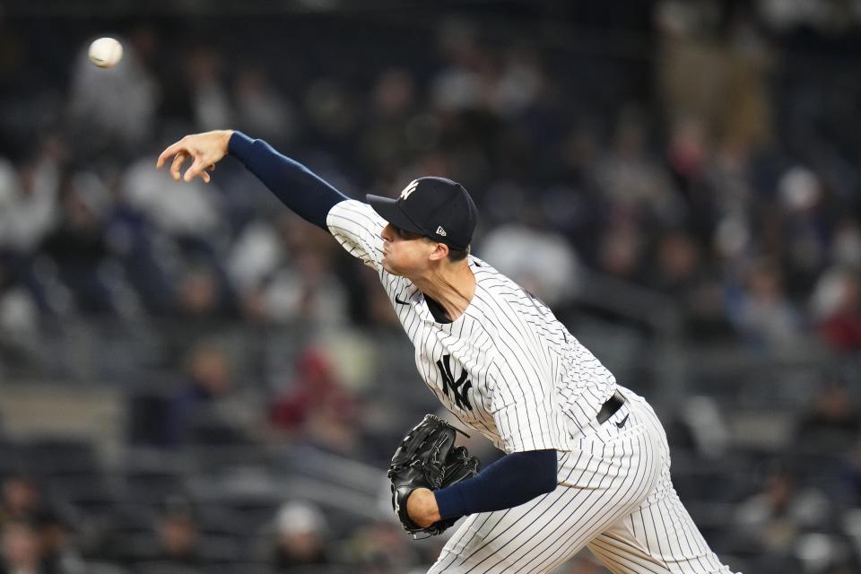 New York Yankees' Clay Holmes pitches during the first inning of a baseball game against the Philadelphia Phillies, Monday, April 3, 2023, in New York. The Yankees won 8-1. (AP Photo/Frank Franklin II)