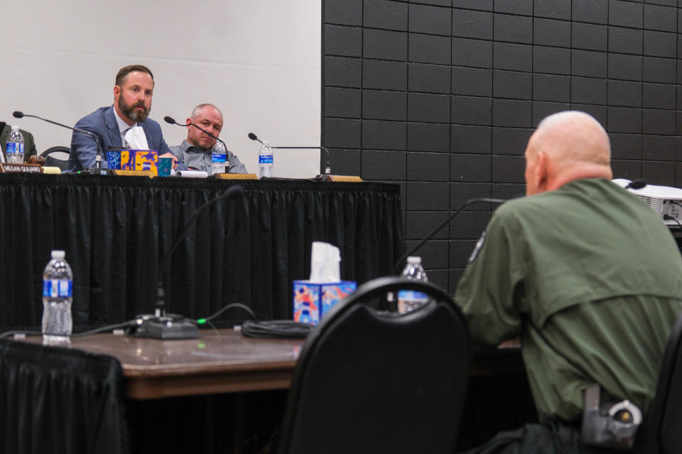 Committee member Rep. Dustin Burrows questions fire investigator Kevin Pierce about the cause of Smokehouse Creek Fire at day two of the Panhandle Wildfires Investigative Committee hearings in Pampa.