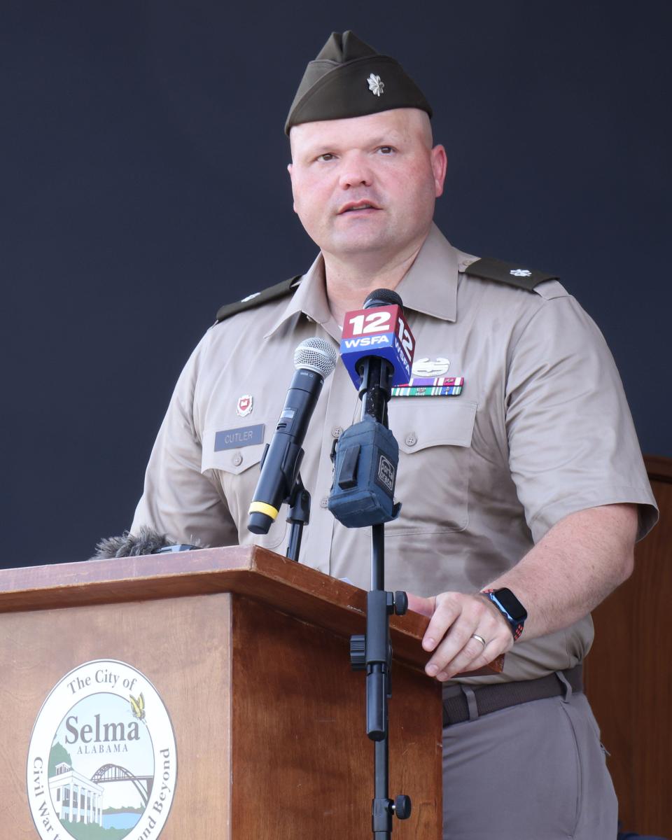 Lieutenant Col. Gary Cutler, U.S. Army Corps of Engineers, Mobile District deputy commander, speaks during the ribbon-cutting ceremony for the completion of Project 14 in Selma, Alabama, July 8, 2024. Project 14 was a Corps project that stabilized the bank of the Alabama River behind the historic train depot in Selma.