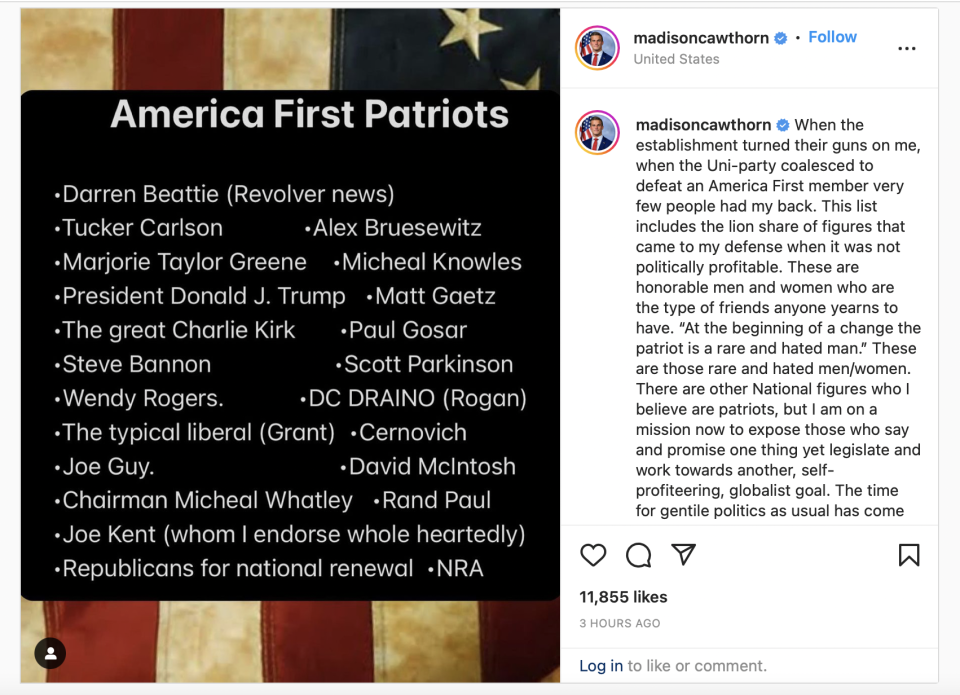 A screenshot of Republican Rep. Madison Cawthorn's "Dark MAGA" Instagram post from May 19, 2022.