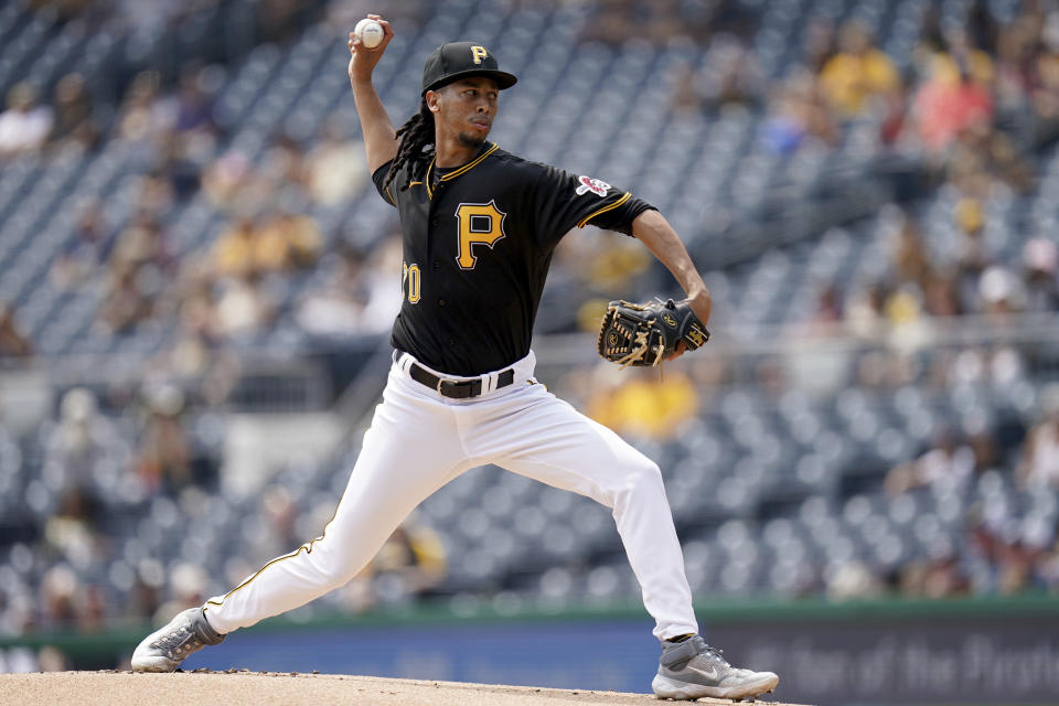 Pittsburgh Pirates starting pitcher Osvaldo Bido delivers against the Detroit Tigers in the first inning of a baseball game in Pittsburgh, Wednesday, Aug. 2, 2023. (AP Photo/Matt Freed)