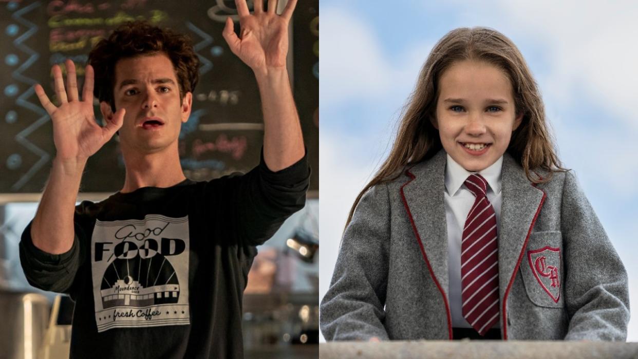  From Left to Right: Andrew Garfield performing with his hands raised in Tick, Tick...Broom! and Alisha Weir smiling as Matilda in Matilda: The Musical. 