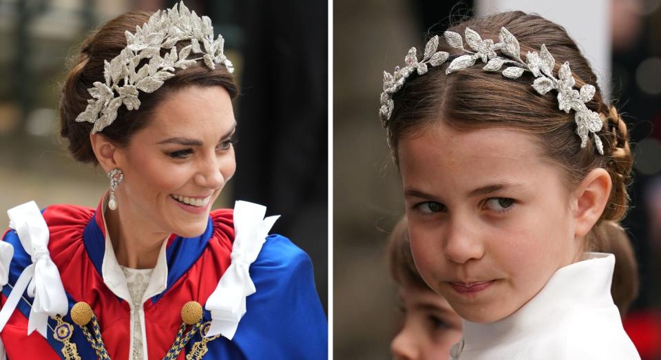 The mother and daughter duo match in floral crystal headpieces and plaited chignons. (Getty Images) 