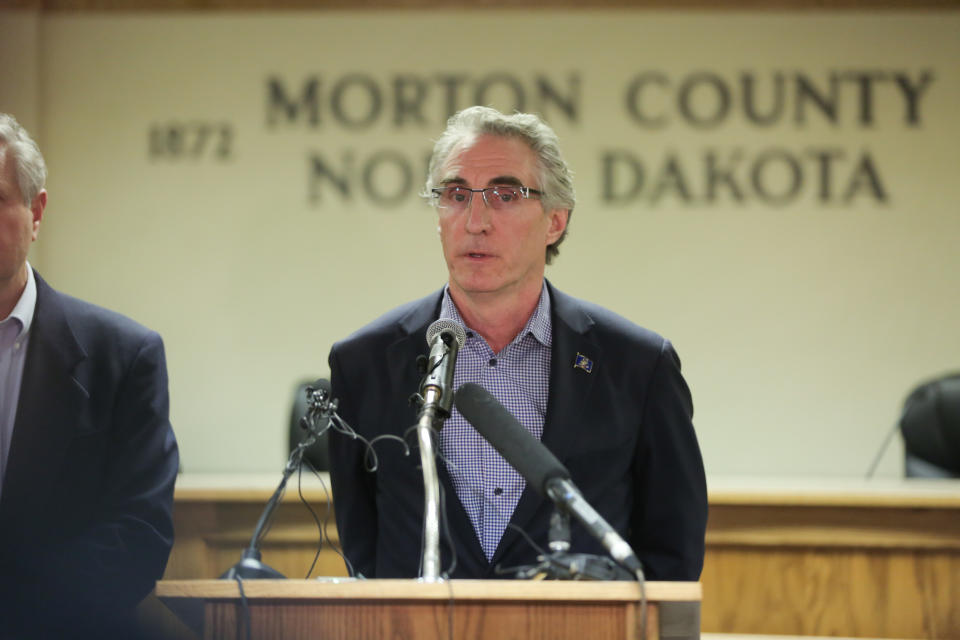 CANNON BALL, ND - FEBRUARY 22:  North Dakota Governor Doug Burgum speaks during a press conference announcing plans for the clean up of the Oceti Sakowin protest camp on February 22, 2017 in Mandan, North Dakota. Protesters and campers against the DAPL pipeline, at times numbering in the thousands, are now down to under a hundred. (Photo by Stephen Yang/Getty Images)