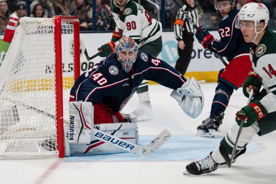 Jan 6, 2024; Columbus, Ohio, USA;
Columbus Blue Jackets goaltender Daniil Tarasov (40) watches the play move around the rink during the overtime of their game against the Minnesota Wild on Saturday, Jan. 6, 2024 at Nationwide Arena.