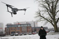 An employee of the drone manufacturer Atlas Aerospace Dmitry Belus tests a drone in the capital Riga, Latvia, Wednesday, Feb. 1, 2023. Since Russia invaded Ukraine last February, Lithuania, Latvia and Estonia — three states on NATO’s eastern flank scarred by decades of Soviet-era occupation — have been among the top donors to Kyiv. (AP Photo/Sergei Grits)