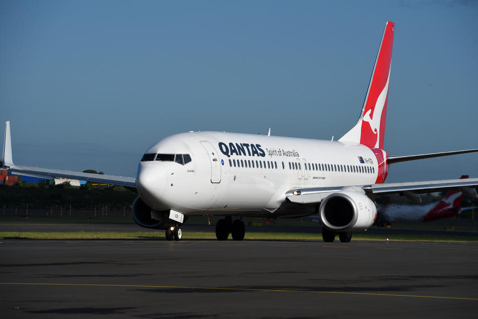 A Qantas Boeing 737-800 aircraft is seen on the taxi way at Sydney Domestic Airport.