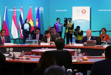 Australian Prime Minister Malcolm Turnbull speaks at the start of the Leaders' Plenary session during the one-off summit of 10-member Association of Southeast Asian Nations (ASEAN) in Sydney, Australia, March 18, 2018. Mark Metcalfe/Pool via REUTERS