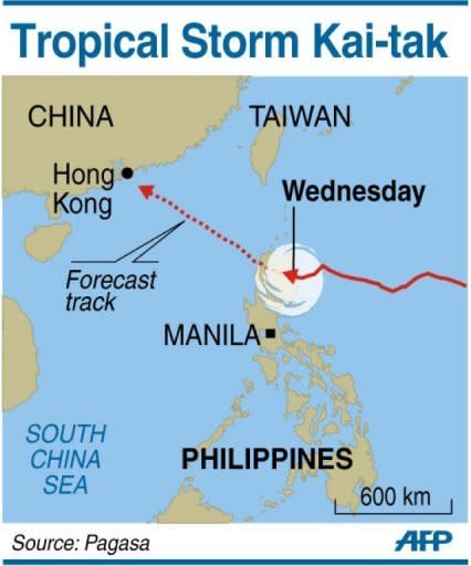 A map showing the path of Tropical Storm Kai-tak. Four people were killed as another tropical storm swept across the Philippines on Wednesday, triggering landslides in the mountainous north and dumping more heavy rain on the flood-battered capital