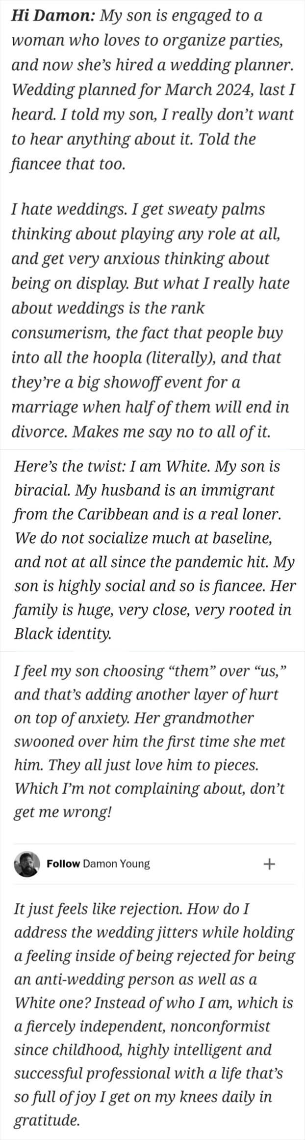 The mother of the groom says they hate weddings and feel that her son having a wedding with a Black woman is him choosing "them" over "us," with them and us in quotes