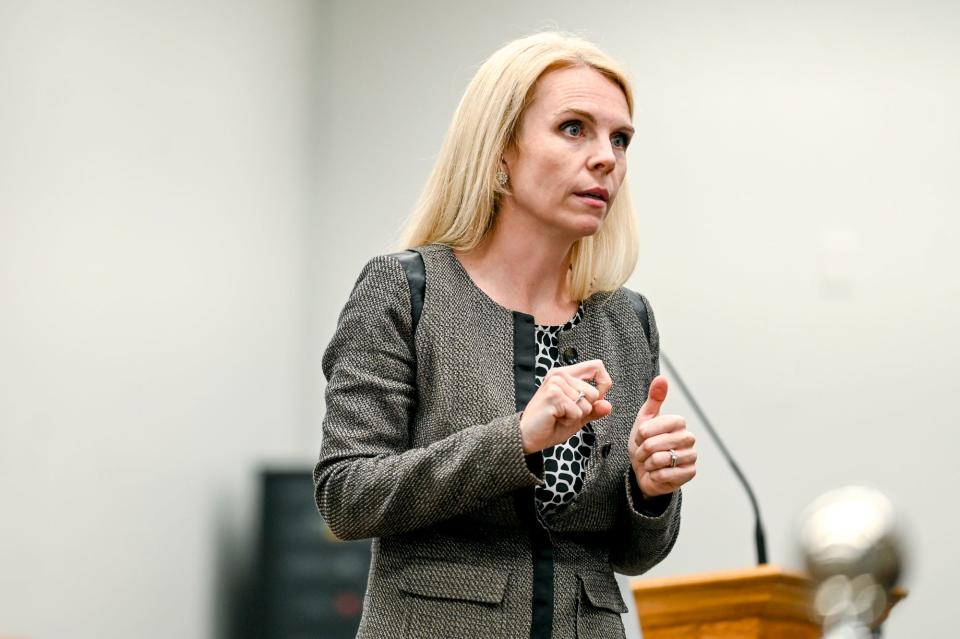 Ingham County Assistant Prosecutor Kristen Rolph delivers an opening statement during the trial of Parker Surbrook on Friday, Aug. 4, 2023, at the 30th Circuit Court Annex in Lansing.