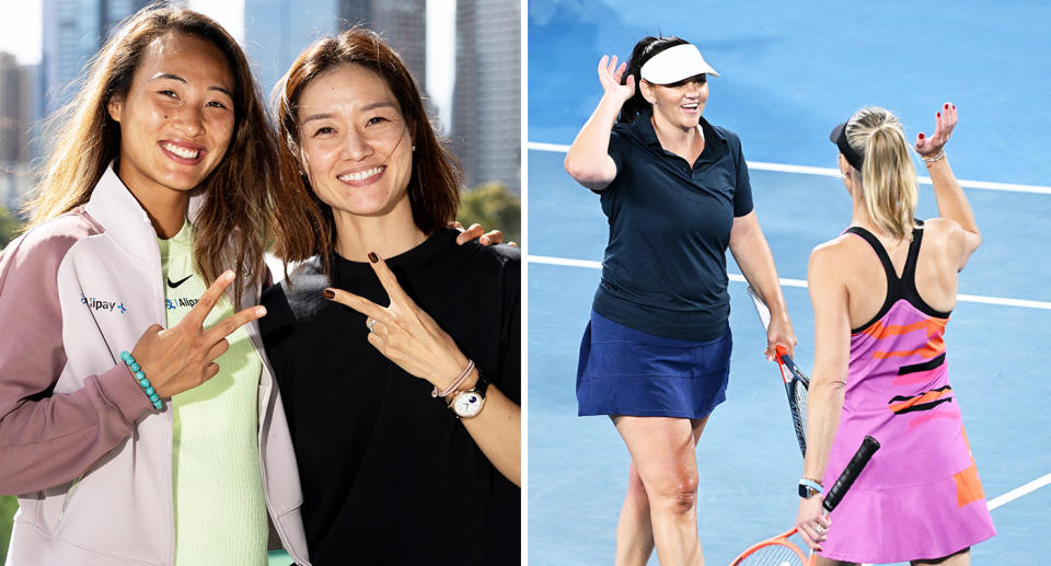 Pictured Li Na and Zheng Qinwen left and Casey Dellacqua and Alicia Molik right