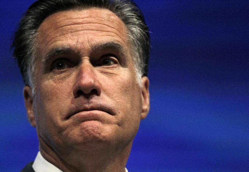 Republican presidential candidate, former Massachusetts Gov. Mitt Romney speaks at the National Rifle Association convention in St. Louis, Friday, April 13, 2012. (AP Photo/Michael Conroy)