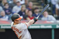 Baltimore Orioles' Ryan Mountcastle hits a two-run home run during the fifth inning of the team's baseball game against the Cleveland Indians, Wednesday, June 16, 2021, in Cleveland. (AP Photo/Tony Dejak)