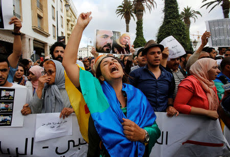 Demonstrators shout slogans during a sit-in against the sentence of Moroccan court after jailing Moroccan activist and the leader of "Hirak" Nasser Zefzafi and number of other activists, in Rabat, Morocco June 27, 2018. REUTERS/Youssef Boudlal