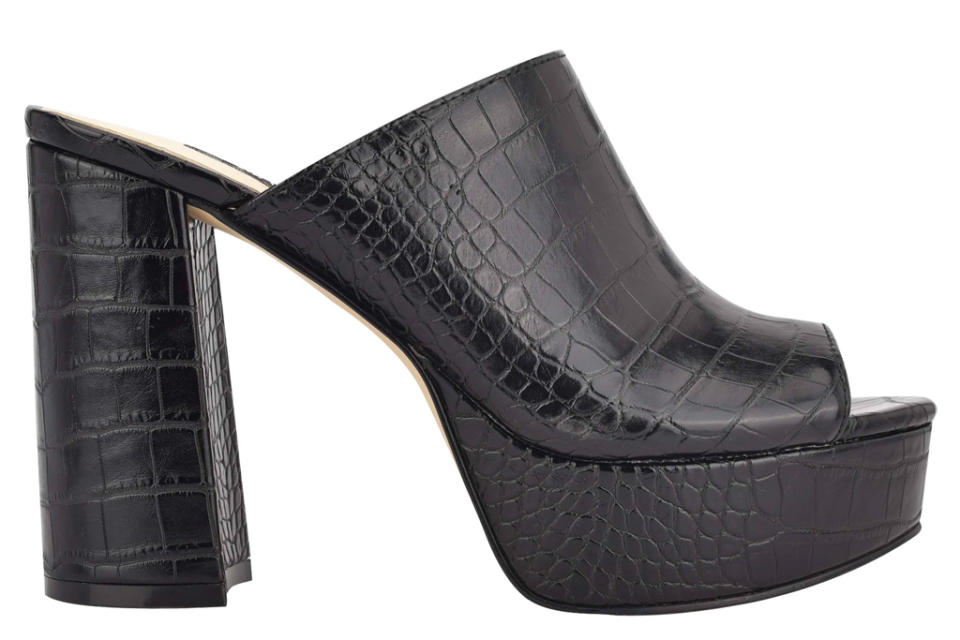 black mules, heels, platform, peep toe, nine west