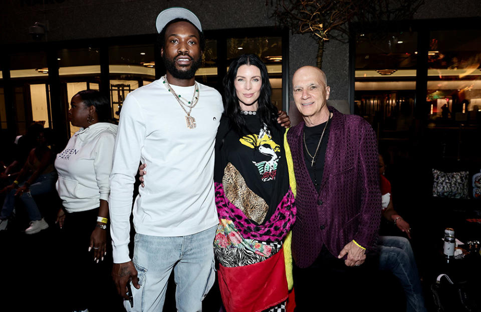 (L-R) Meek Mill, Interscope Records co-founder Jimmy Iovine and Flipper’s co-founder and creative director Liberty Ross at Flipper's Roller Boogie Palace on April 13, 2023 in New York City.