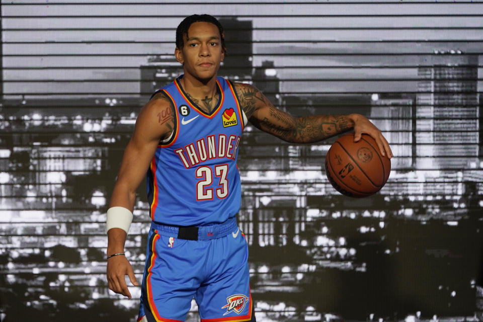 Oklahoma City Thunder guard Tre Mann (23) is photographed during an NBA basketball media day Monday, Sept. 26, 2022, in Oklahoma City. (AP Photo/Sue Ogrocki)