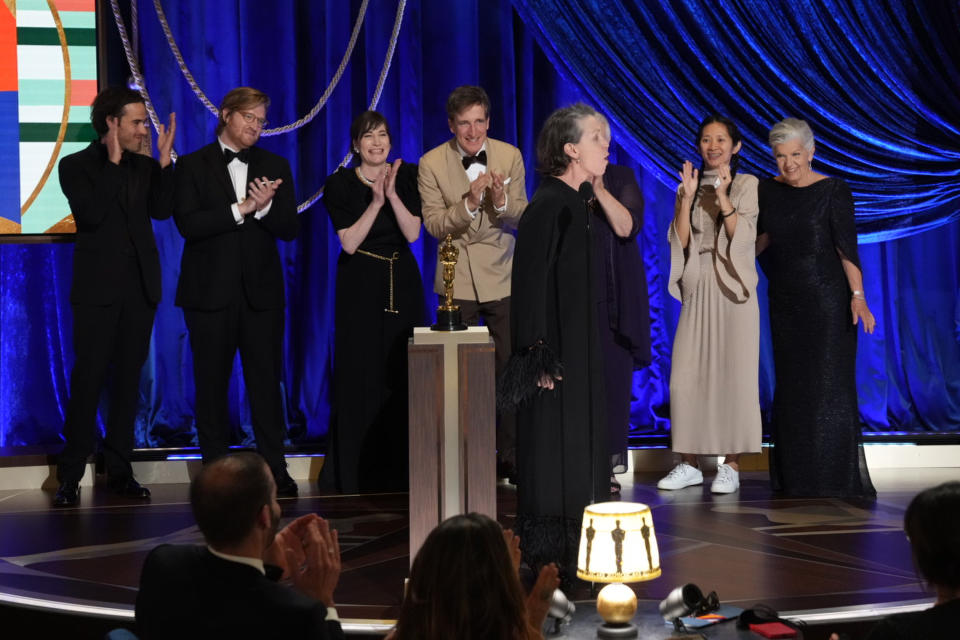 La ganadora del Oscar a Mejor Actriz, Frances McDormand, en el momento de terminar su breve discurso de agradecimiento y lanzar un aullido a todo pulmón. Después daría las razones de por qué lo hizo. (Getty Images) 