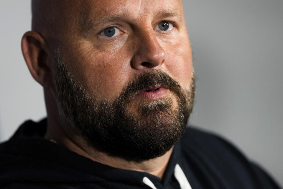 New York Giants head coach Brian Daboll speaks at a press conference during the NFL football team's rookie minicamp at Quest Diagnostics Training Center, Friday, May 10, 2024, in East Rutherford, N.J. (AP Photo/Julia Nikhinson)