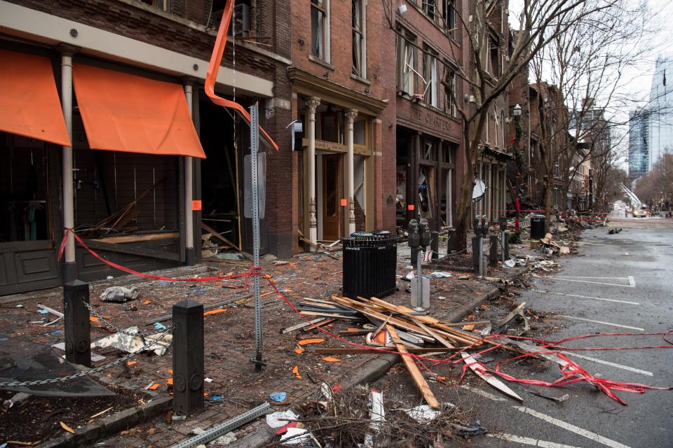 Damage from the Christmas Day explosion is seen along Second Avenue North in downtown Nashville, Tenn., Thursday, Dec. 31, 2020. 63-year-old Anthony Quinn Warner was killed when he detonated an explosive in his RV outside an AT&T building on Christmas morning.