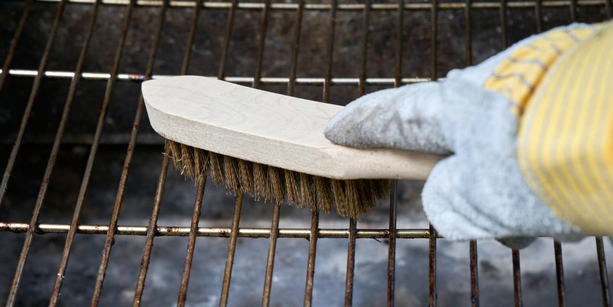 wooden wire brush cleans dirty barbecue grill rust leather protection gloves