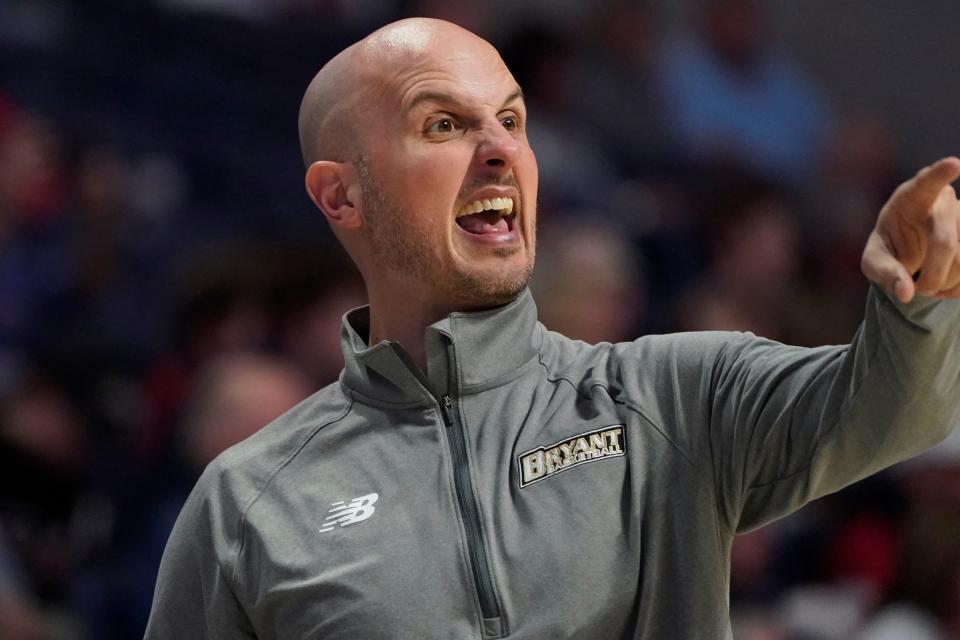 Bryant head coach Phil Martelli Jr., calls to his team during the second half of an NCAA college basketball game against Mississippi, Sunday, Dec. 31, 2023, in Oxford, Miss. (AP Photo/Rogelio V. Solis)