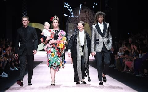 Caleb Lane, Ronin Lane, Elettra Rossellini, Isabella Rossellini and Roberto Rossellini on the Dolce and Gabbana catwalk - Credit: Wireimage