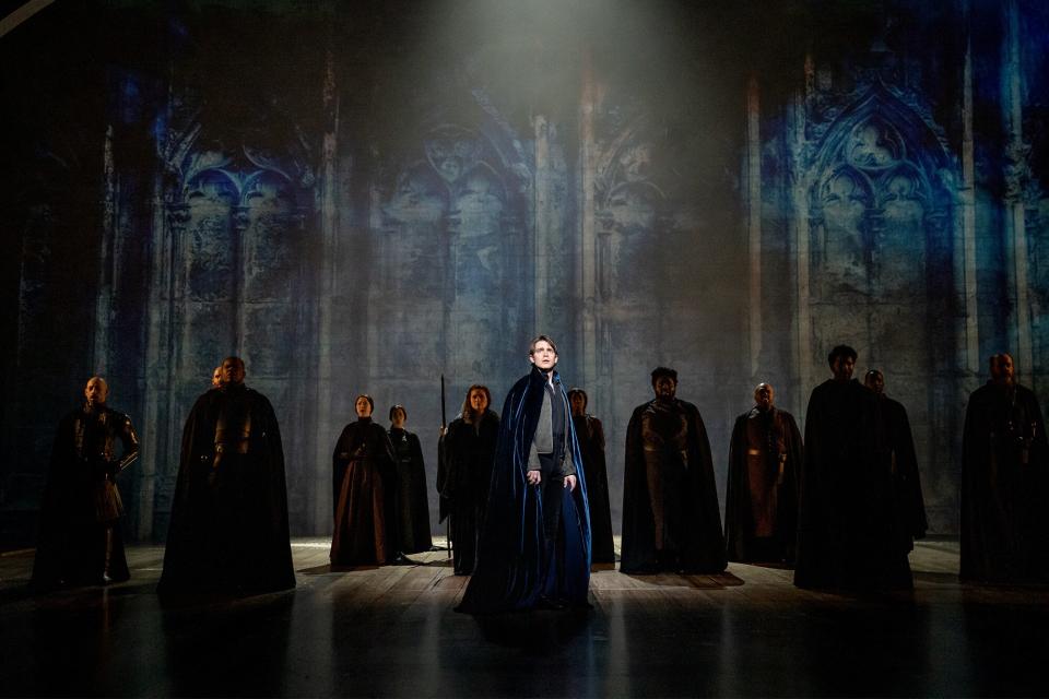 LCT Camelot #434r - Andrew Burnap (center) and company in Lincoln Center Theater's production of CAMELOT. Credit to Joan Marcus