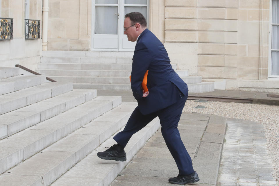 French Minister of Solidarity Damien Abad arrives at the Elysee Palace for the fist cabinet meeting since French President Emmanuel Macron 's reelection, Monday, May 23, 2022 in Paris. French President Emmanuel Macron announced last week a new-look Cabinet, with a new foreign minister part of the reshuffled line-up behind France's first female prime minister in 30 years. (AP Photo/Michel Spingler)