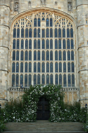 Flowers and foliage surround the West Door of St George's Chapel at Windsor Castle for the wedding of Prince Harry to Meghan Markle. May 19, 2018. Danny Lawson/Pool via REUTERS