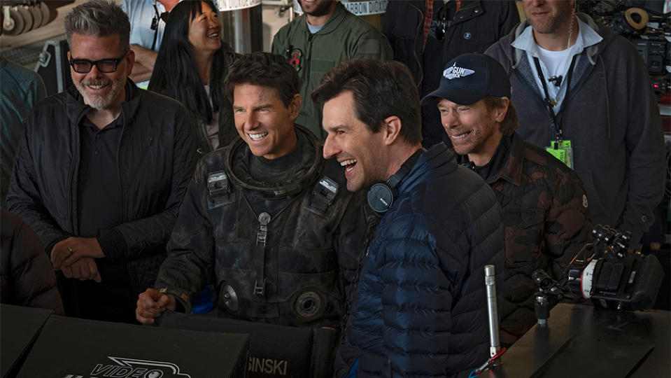 Christopher McQuarrie, Tom Cruise, Joseph Kosinski and Jerry Bruckheimer on the set of Top Gun: Maverick from Paramount Pictures, Skydance and Jerry Bruckheimer Films.
