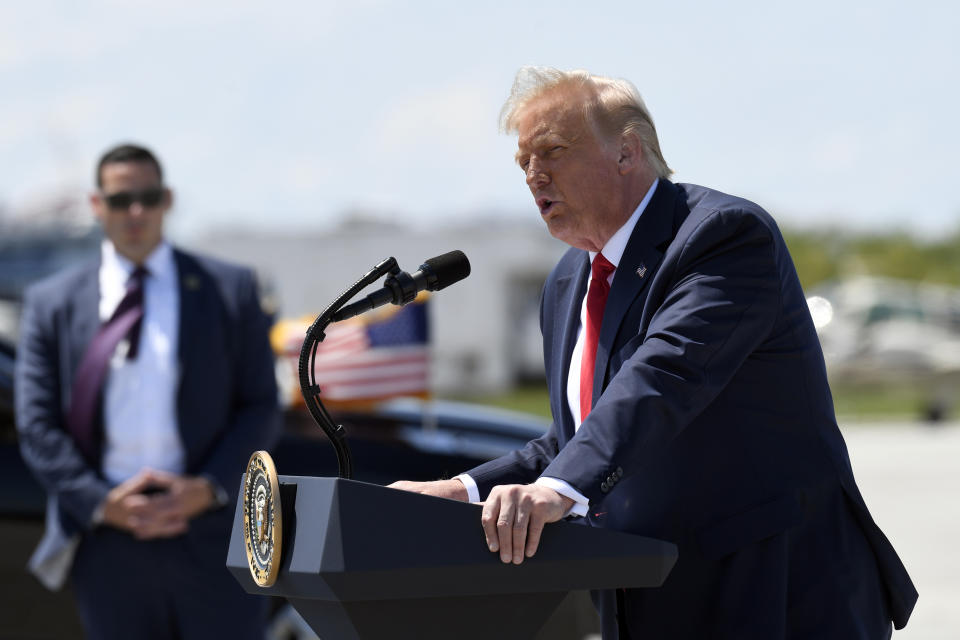 President Donald Trump speaks during an event at Burke Lakefront Airport in Cleveland, Ohio, Thursday, Aug. 6, 2020. (AP Photo/Susan Walsh)