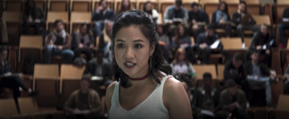 Coonstance Wu as Professor Rachel Chu delivers a lecture to her college class in "Crazy Rich Asians"