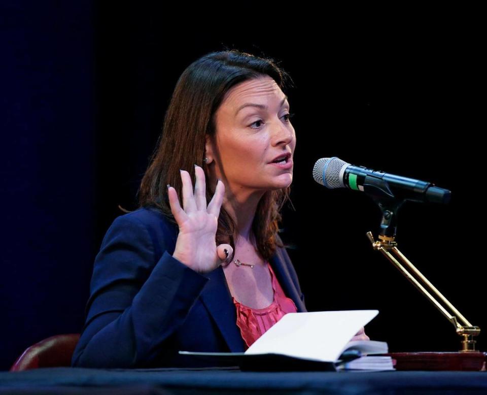 Agriculture Commissioner Nikki Fried speaks during the gubernatorial public forum hosted by the Miami-Dade Democratic Party on Saturday, May 28, 2022, at Julius Littman Performing Arts Theater in North Miami Beach.