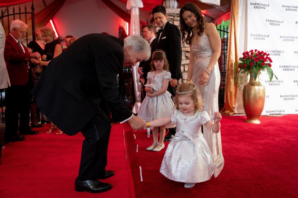 Members of the Barnstable-Brown family, including granddaughters Catherine and Caroline, welcome guests at the 2019 Barnstable Brown Derby Eve Gala in Louisville. May 3, 2019.