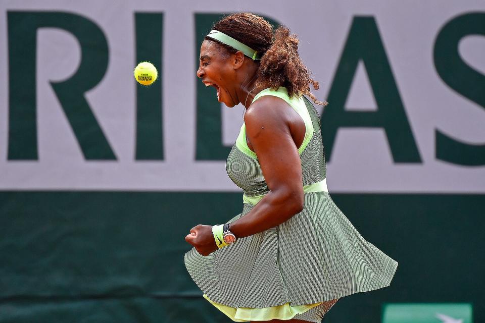 Serena Williams of USA reacts during her Women's Singles fourth round match against Elena Rybakina of Kazakhstan on day eight of the 2021 French Open at Roland Garros on June 06, 2021 in Paris, France.