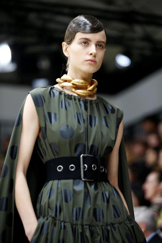 A model presents a creation during the JW Anderson catwalk show at London Fashion Week Women’s A/W19 in London (Reuters)