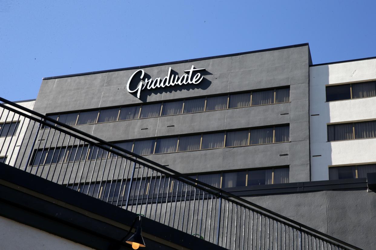 The Graduate hotel is pictured Friday, April 12, 2024 in downtown Iowa City, Iowa. The boutique hotel is being bought by Hilton.