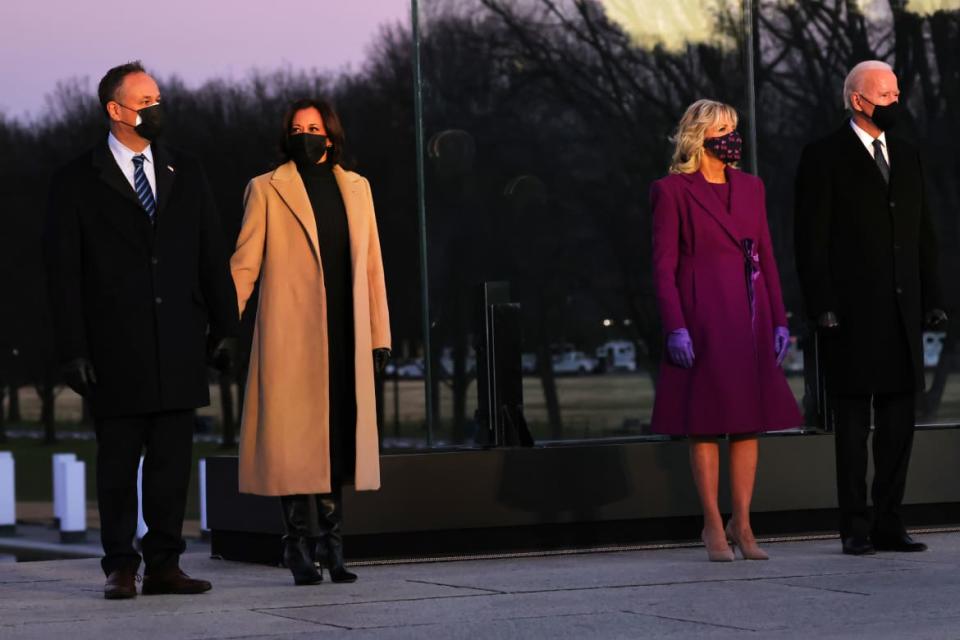 <div class="inline-image__caption"><p>Douglas Emhoff, Kamala Harris, Dr. Jill Biden and Joe Biden.</p></div> <div class="inline-image__credit">Michael M. Santiago/Getty Images</div>