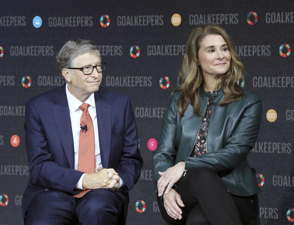 In this file photo taken on September 26, 2018, Bill Gates and Melinda Gates introduce the Goalkeepers event at the Lincoln Center in New York.