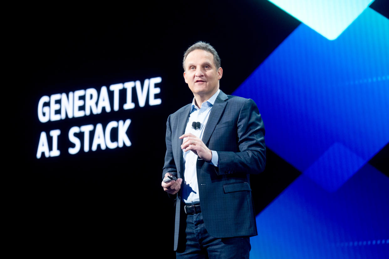 LAS VEGAS, NEVADA - NOVEMBER 28: Amazon Web Services (AWS) CEO Adam Selipsky delivers a keynote address during AWS re:Invent 2023, a conference hosted by Amazon Web Services, at The Venetian Las Vegas on November 28, 2023 in Las Vegas, Nevada. (Photo by Noah Berger/Getty Images for Amazon Web Services)