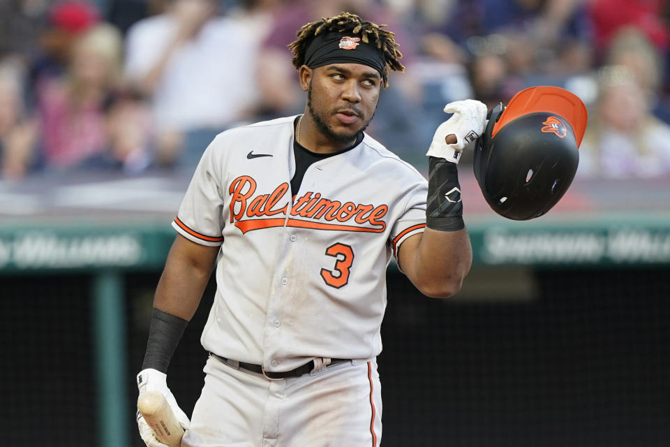 Baltimore Orioles' Maikel Franco reacts after striking out in the fourth inning of a baseball game against the Cleveland Indians, Tuesday, June 15, 2021, in Cleveland. (AP Photo/Tony Dejak)