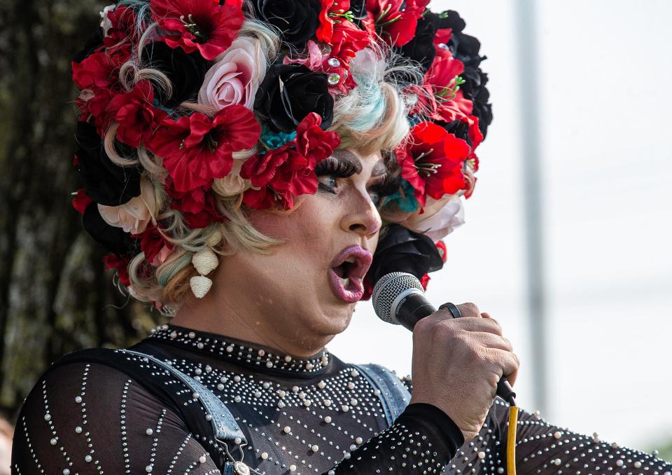 Drag performer May O'Nays sang a couple of tunes during a rally outside the JCPS VanHoose Center, urging JCPS leaders to support trans kids and fight against SB 150. May 23, 2023