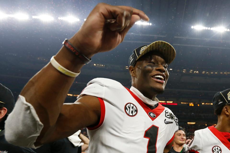 Georgia wide receiver George Pickens (1) celebrates after winning the College Football Playoff National Championship game in Indianapolis, on Monday, Jan. 10, 2022.

News Joshua L Jones