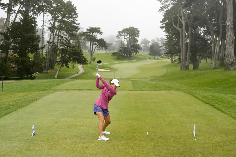 Danielle Kang, tees off on the ninth hole at Lake Merced Golf Club during the final round of the LPGA Mediheal Championship golf tournament Sunday, June 13, 2021, in Daly City, Calif. (AP Photo/Tony Avelar)