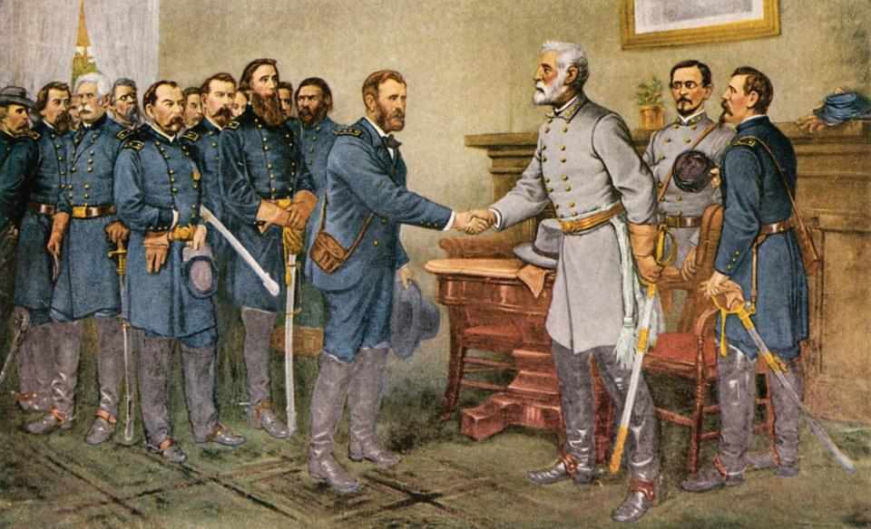 The surrender of Gen. Robert E. Lee, right, to Gen. Ulysses S. Grant at Appomattox Court House, Virginia, April 9, 1865.