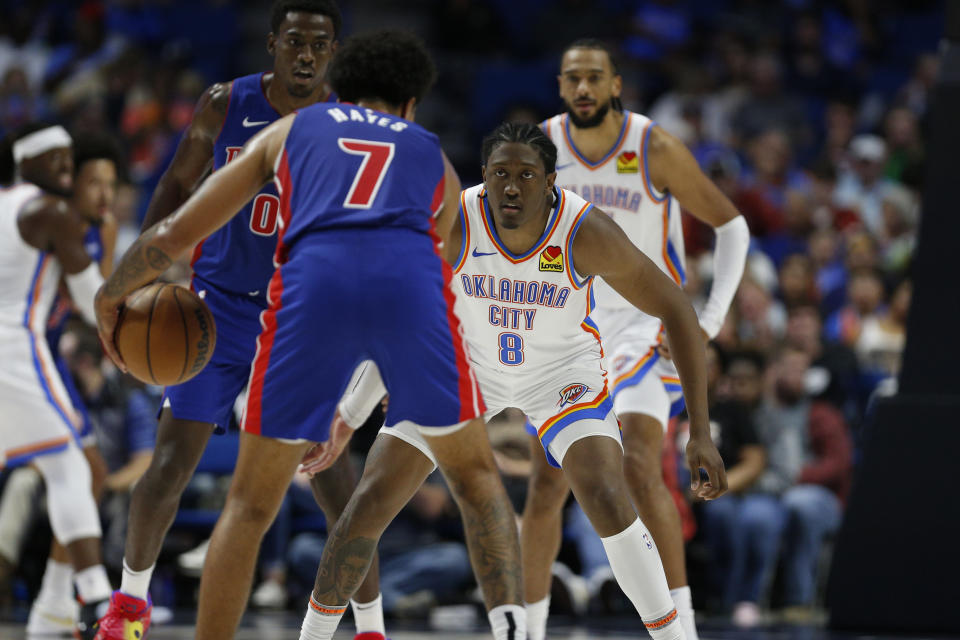 Oct 19, 2023; Tulsa, Oklahoma, USA; Oklahoma City Thunder forward Jalen Williams (8) defends Detroit Pistons guard Killian Hayes (7) in the second half at BOK Center. Mandatory Credit: Joey Johnson-USA TODAY Sports